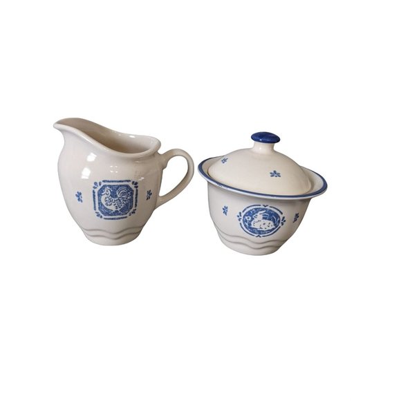 Maison Blue by PFALTZGRAFF cream and covered sugar bowl set blue white Rooster - Picture 1 of 11